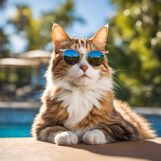 Cat with sunglasses pool bottom sunny day