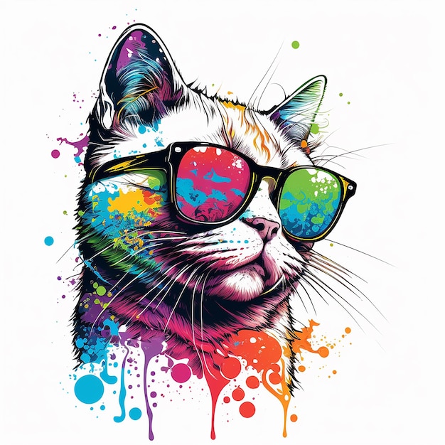 A cat with sunglasses and a rainbow colored face.