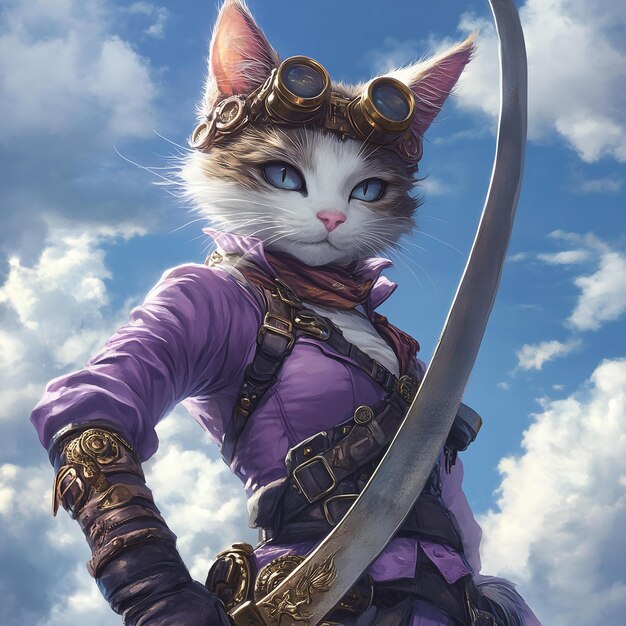 Photo a cat with a sword and a bow in the sky