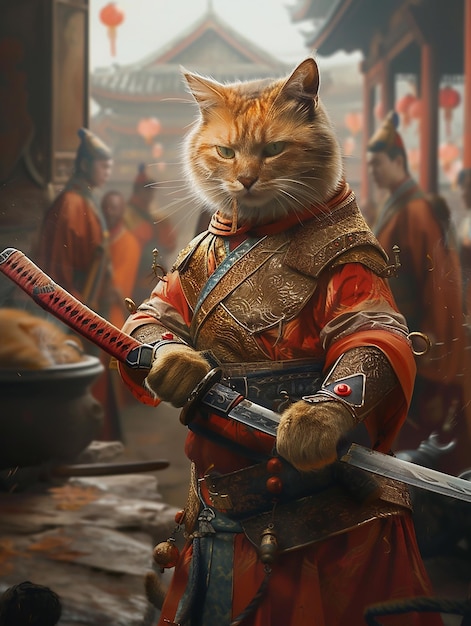 a cat with a sword and a dragon on it