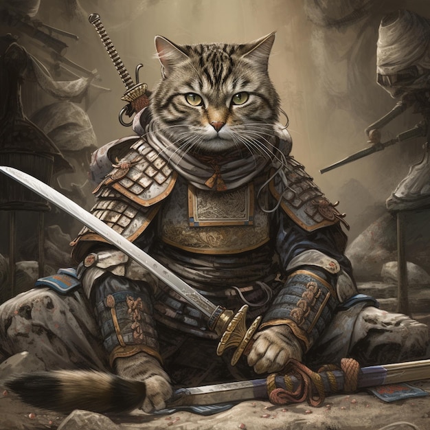 A cat with a sword in his hands is sitting on a rock.