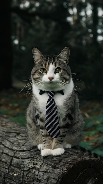 Photo a cat with a tie is sitting on a log in front of a forest