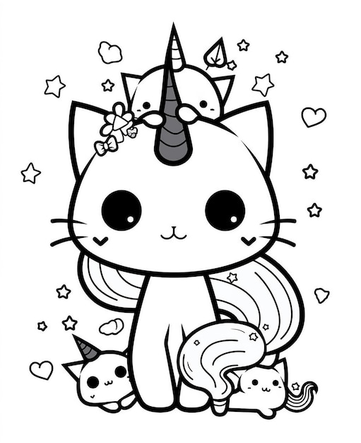 A cat with a unicorn on her head is surrounded by hearts.