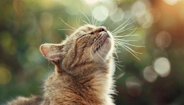 a cat with whiskers looking up to the left and the right side of the frame