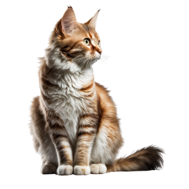 A cat with a white background and a black and orange tail