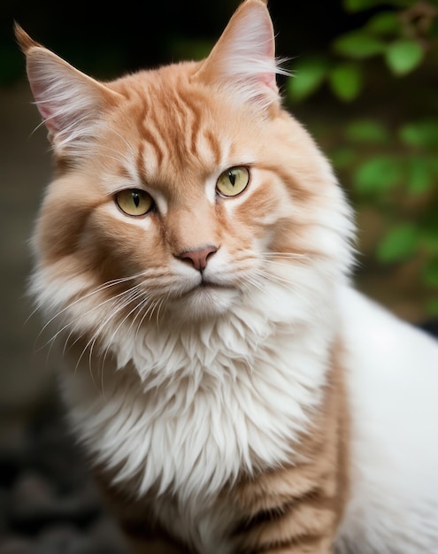 A cat with a white and brown fur and a green background.