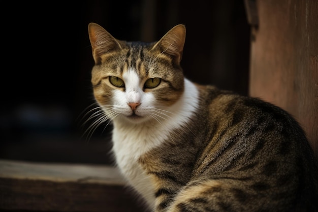 A cat with a white chest and a black and white chest sits on a step.