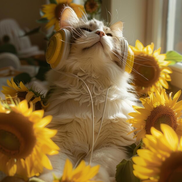 Photo a cat with a white collar and a white collar is laying in sunflowers