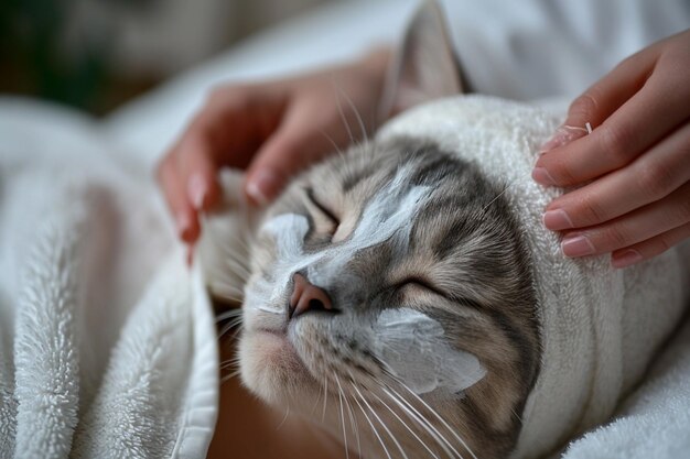 Photo a cat with a white face is wrapped in a towel