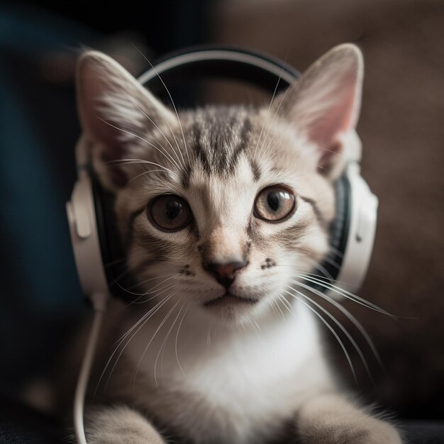 A cat with white headphones on and a striped shirt.