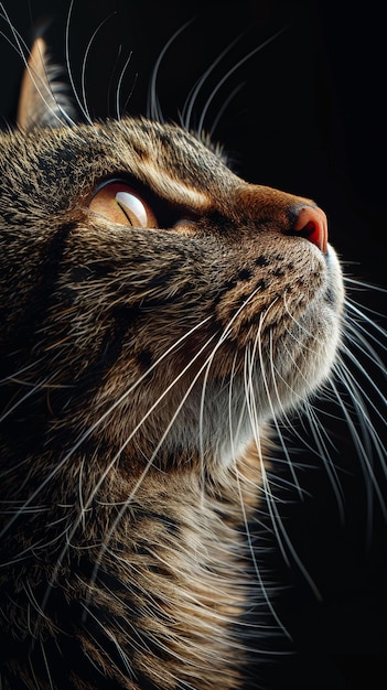 a cat with a white nose and a black background