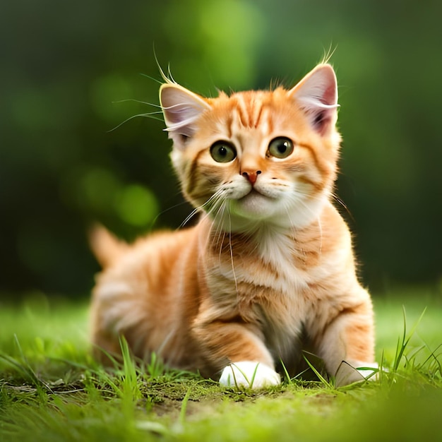 A cat with white paws and a red and white tail is on the grass.