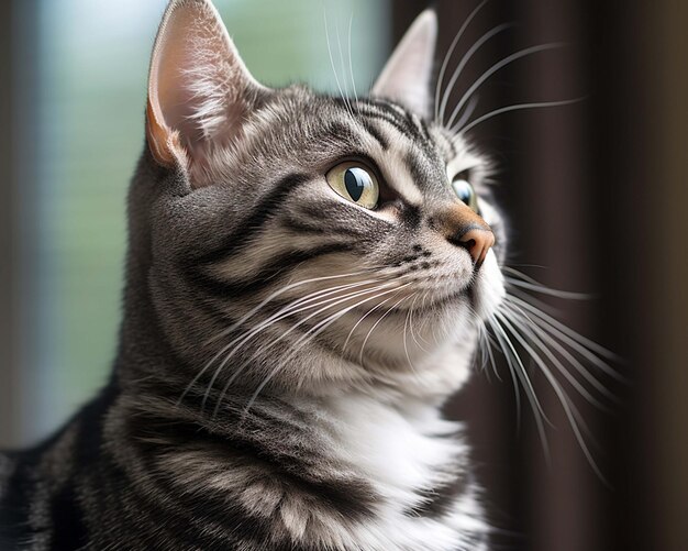 a cat with a white whiskers looking out a window.