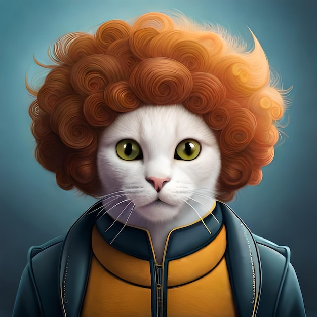 A cat with a wig that says'cat'on it