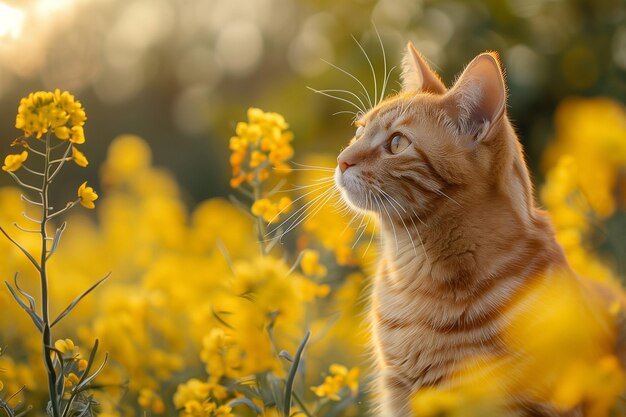 cat with yellow canola flower fields