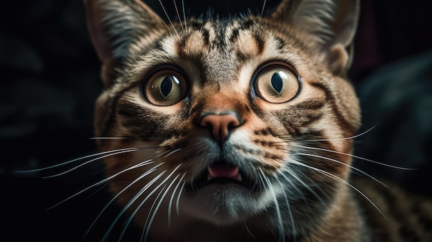 A cat with a yellow eye and a black background