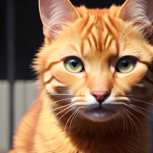 A cat with a yellow eye is sitting in front of a black fence.