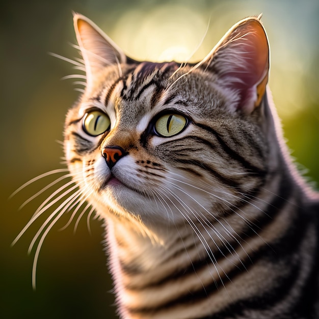 A cat with yellow eyes and black stripes is looking up.