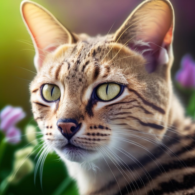 A cat with yellow eyes and a black and white spotty on its face.