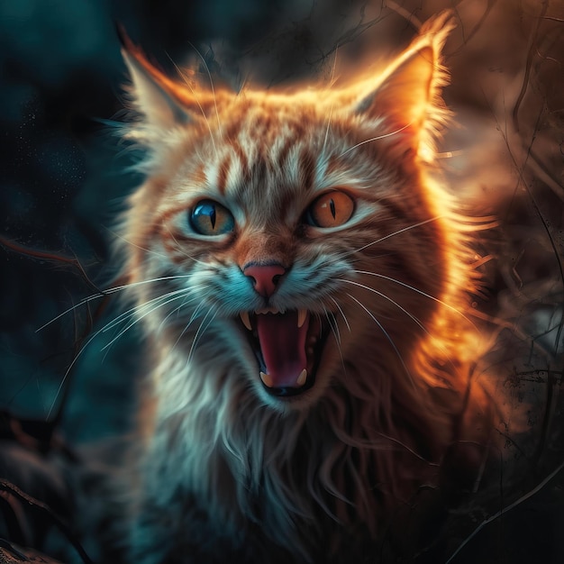 A cat with yellow eyes is in a dark room with a light shining on its face.