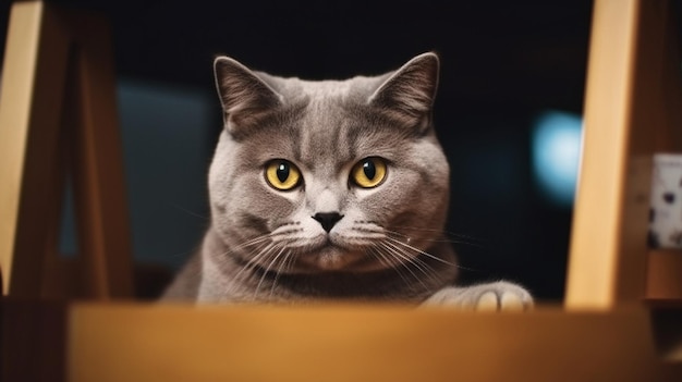 A cat with yellow eyes is looking at the camera