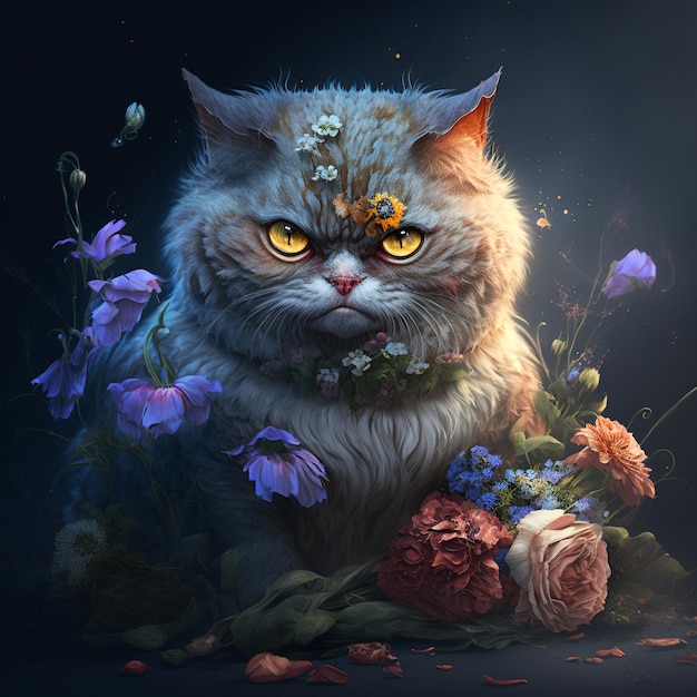 A cat with yellow eyes is surrounded by flowers.