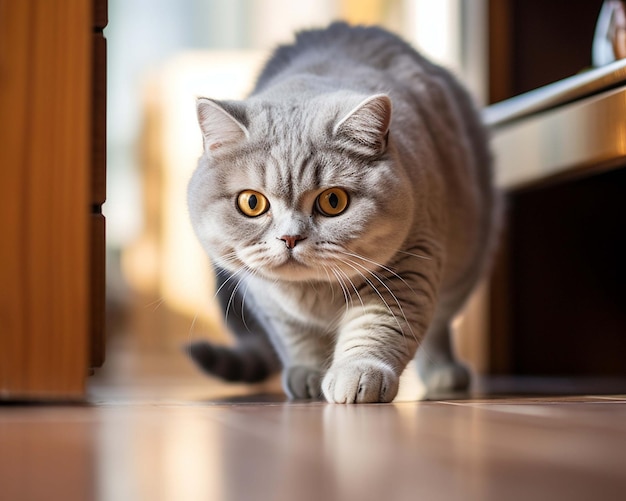 a cat with yellow eyes is walking through a doorway.