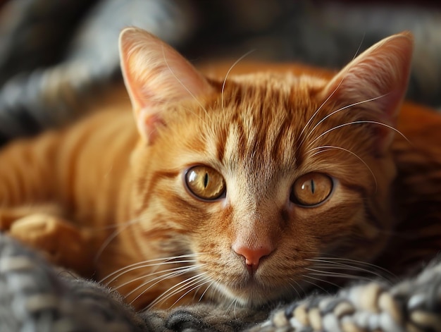 a cat with yellow eyes laying on a blanket