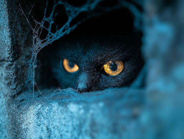 Photo a cat with yellow eyes looking out of a hole in a net