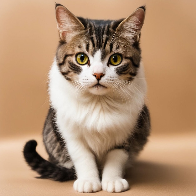 a cat with a yellow eyes sits on a brown background