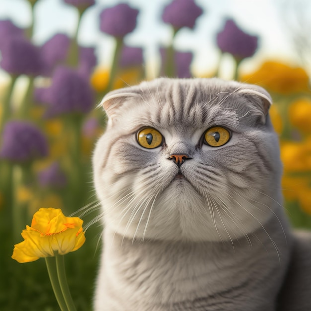 A cat with yellow eyes sits in a field of flowers.