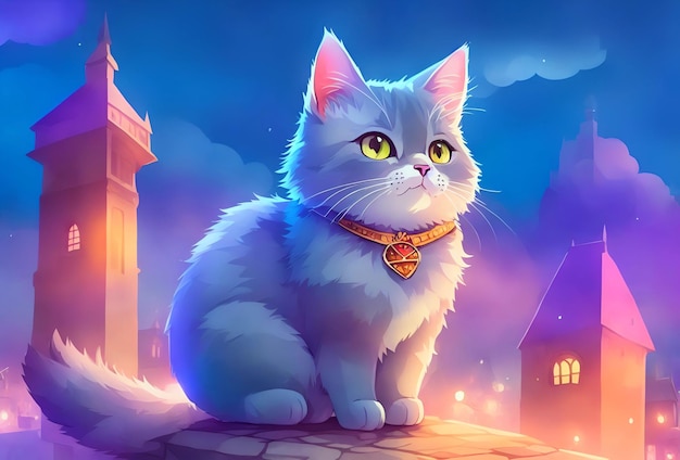 A cat with yellow eyes sits on a ledge in front of a small town.