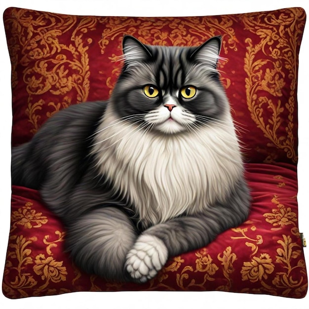 Photo a cat with yellow eyes sits on a red and gold pillow