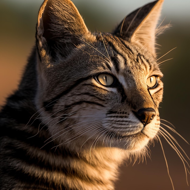 Photo a cat with yellow eyes and stripes is looking to the right.