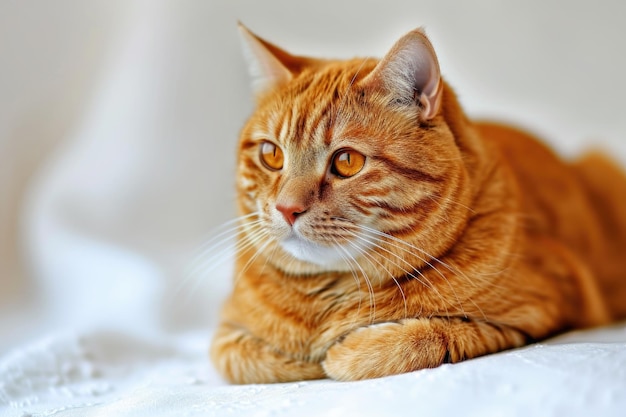 Photo a cat with a yellow face is laying on a white surface