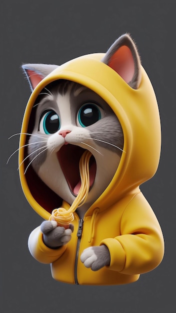 a cat with a yellow hoodie that sayscat