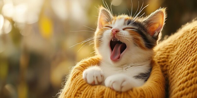 Photo a cat with a yellow sweater yawning and yawning