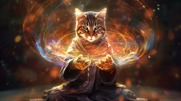 Cat wizard casting spell illustrationGenerative AI