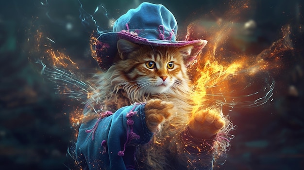 Cat wizard casting spell illustrationGenerative AI