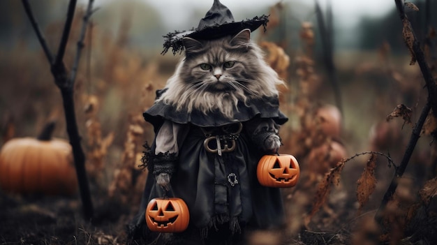 A cat in a wizard sorcerer witch costume celebrates Halloween in decorations pumpkins mysticism Autumn nature AI generated