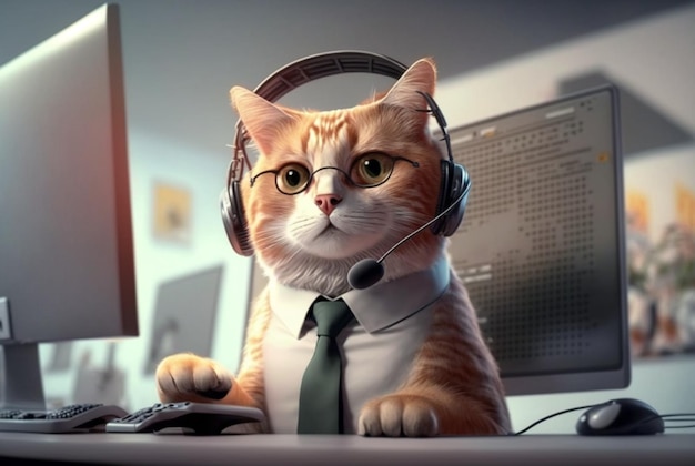 A cat working at a computer wearing a suit and earphones generative ai