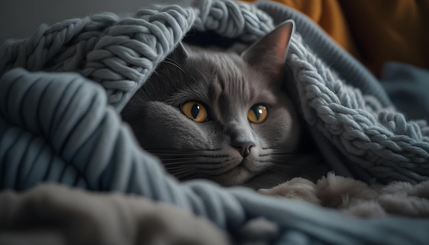 A cat wrapped in a blue blanket