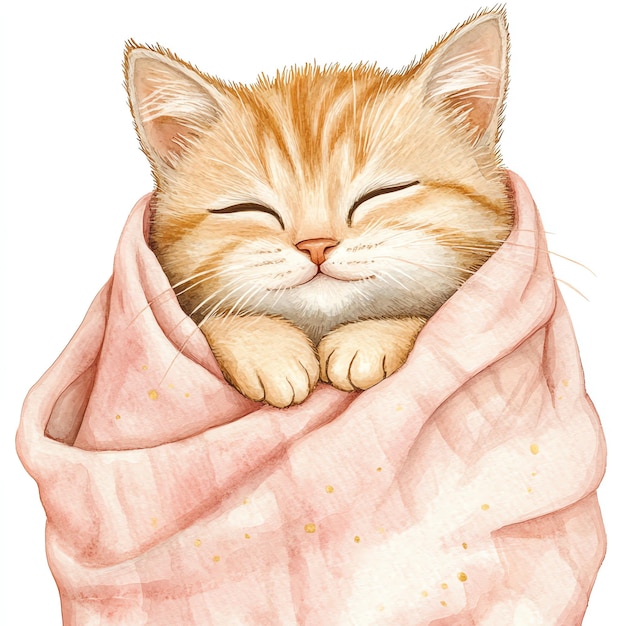 cat wrapped in a light pink blanket nuresery watercolor