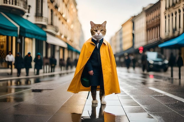 a cat in a yellow coat with a yellow cape on it