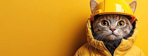 Photo cat in a yellow hard hat and jacket standing confidently against a matching yellow background