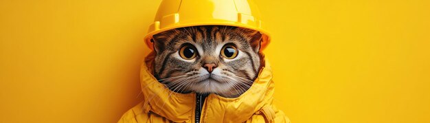 Photo cat in a yellow hard hat and jacket standing confidently against a matching yellow background