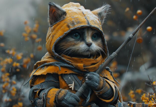 Cat In A Yellow Hood Fishing In The Rain A cat in a yellow hood and armor is fishing in the rain The cat has blue eyes and is holding a fishing rod