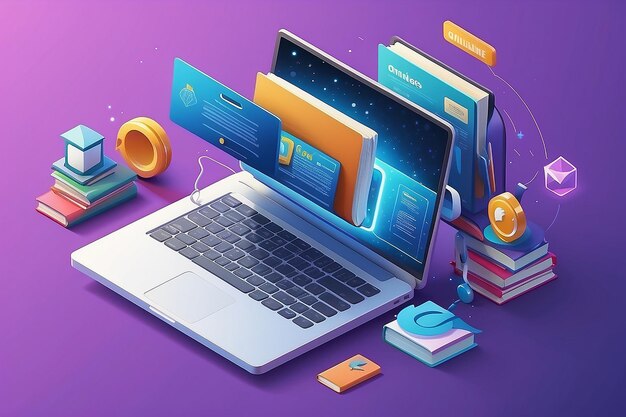 Catalog of online courses isometric icon online education internet learning laptop with book on screen