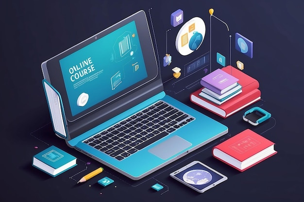 Catalog of online courses isometric icon online education internet learning laptop with book on screen