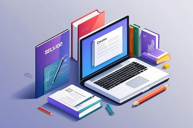 Catalog of online courses isometric icon online education internet learning laptop with book on screen